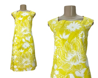 Vintage Dress Alex Colman Shift A-Line Floral Sleeveless Cotton Blend Yellow White Square Neck 1970s 1960s Size S M