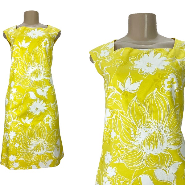 Vintage Dress Alex Colman Shift A-Line Floral Sleeveless Cotton Blend Yellow White Square Neck 1970s 1960s Size S M