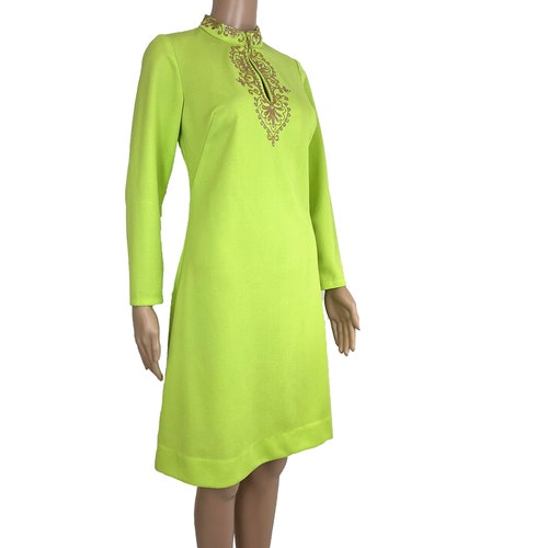 Vintage Dress 1970s A-line Day Glo Lime Green Crepe Double Knit Metallic Gold Soutache Embroidery Rhinestone shops Split Neck Knee Length Size S