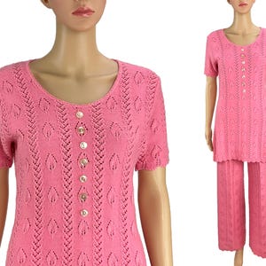 Pant Suit Carlyle Pointelle Lace Knit Pink Two Piece Set Vintage 1960s 1970s Tunic Top Mini Dress Wide Leg Trousers Short Sleeves Size S M