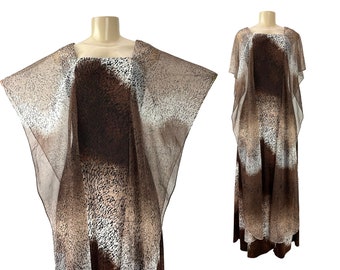 Vintage Caftan Mary Martin Florida Maxi Dress Hostess Gown Animal Feather Print Ombré Brown Jersey Knit Shell Chiffon Overlay Size M