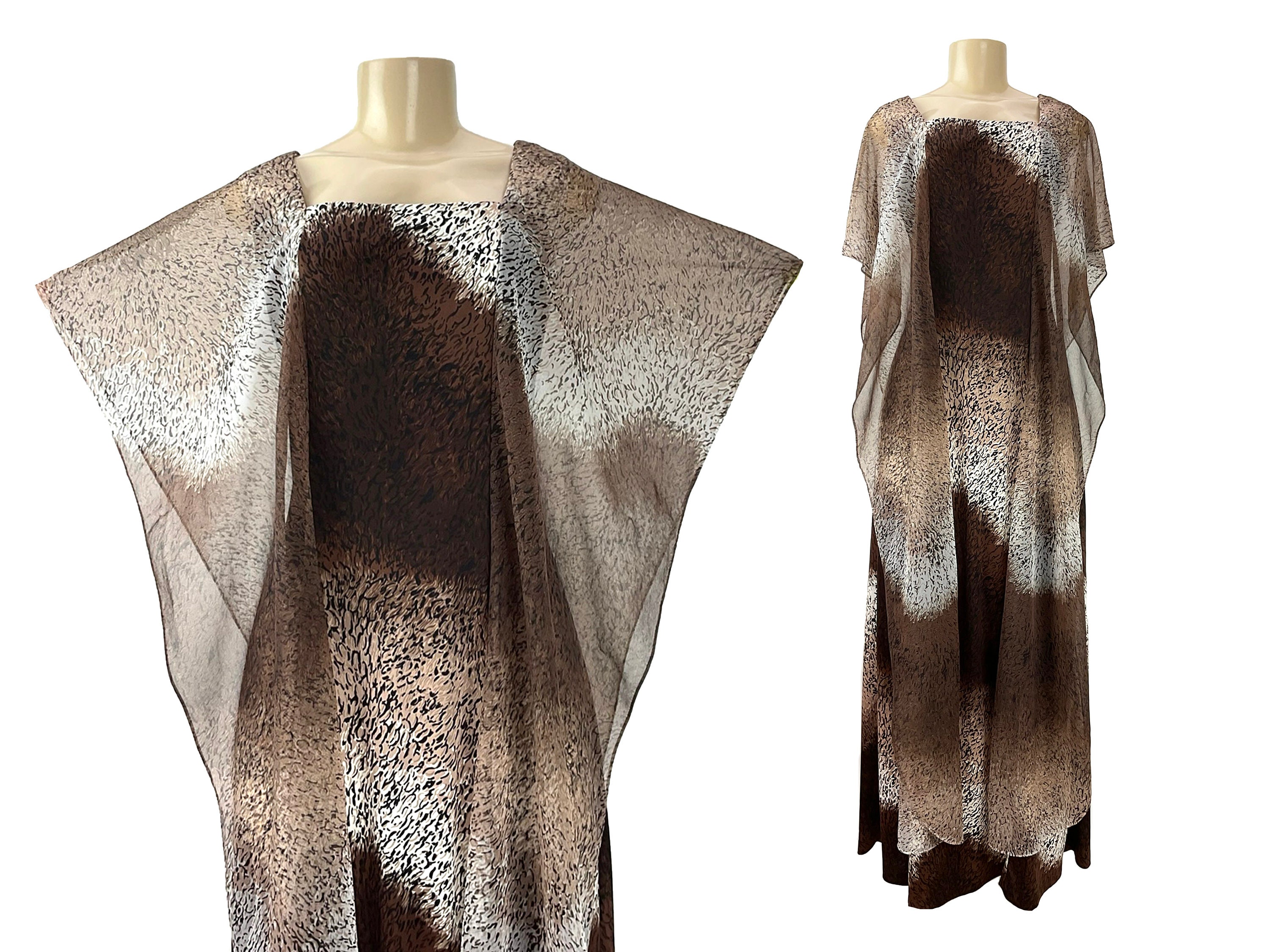 60s -70s Jewelry – Necklaces, Earrings, Rings, Bracelets Vintage Caftan Mary Martin Florida Maxi Dress Hostess Gown Animal Feather Print Ombré Brown Jersey Knit Shell Chiffon Overlay Size M $128.00 AT vintagedancer.com