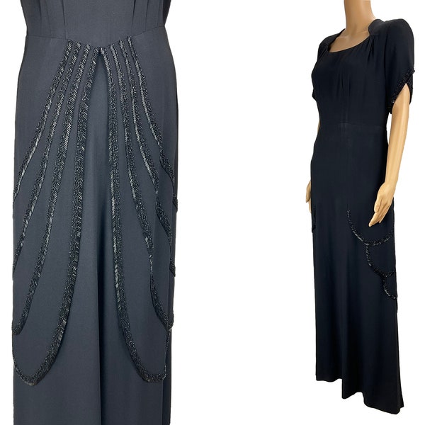 Evening Gown Vintage 1940s 1930s Maxi Dress Beaded Scallop Train Vintage Black Crepe Rayon Shoulder Pads Side Metal Zip Size S M