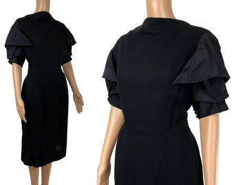 Vintage Dress Avant Garde 1960s LBD Black Rayon Crepe Taffeta Structured Statement Sleeves Size S M Cocktail Party Sheath Knee Length