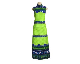 Vintage 1970s Maxi Skirt Blouse Two Piece Dress McInerny Honolulu Ja-Na Size S M Lime Green Blue Aloha Tiki Luau Mock Neck Sleeveless A-Line
