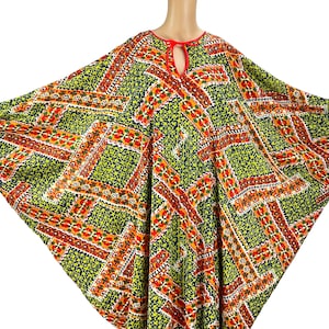 Vintage Caftan 1970s Maxi Dress Lounge Lingerie gl&#39;Amor Molyclaire Split Neck Jersey Knit Geometric Floral One Size OSFM Rainbow Unisex