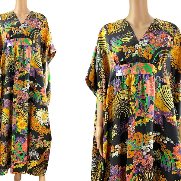 Caftan Maxi Dress Hostess Gown Vintage 1970s Couleur International Ltd Dark Floral Print Firework Psychedelic Rainbow Swirl Fits Most S M L