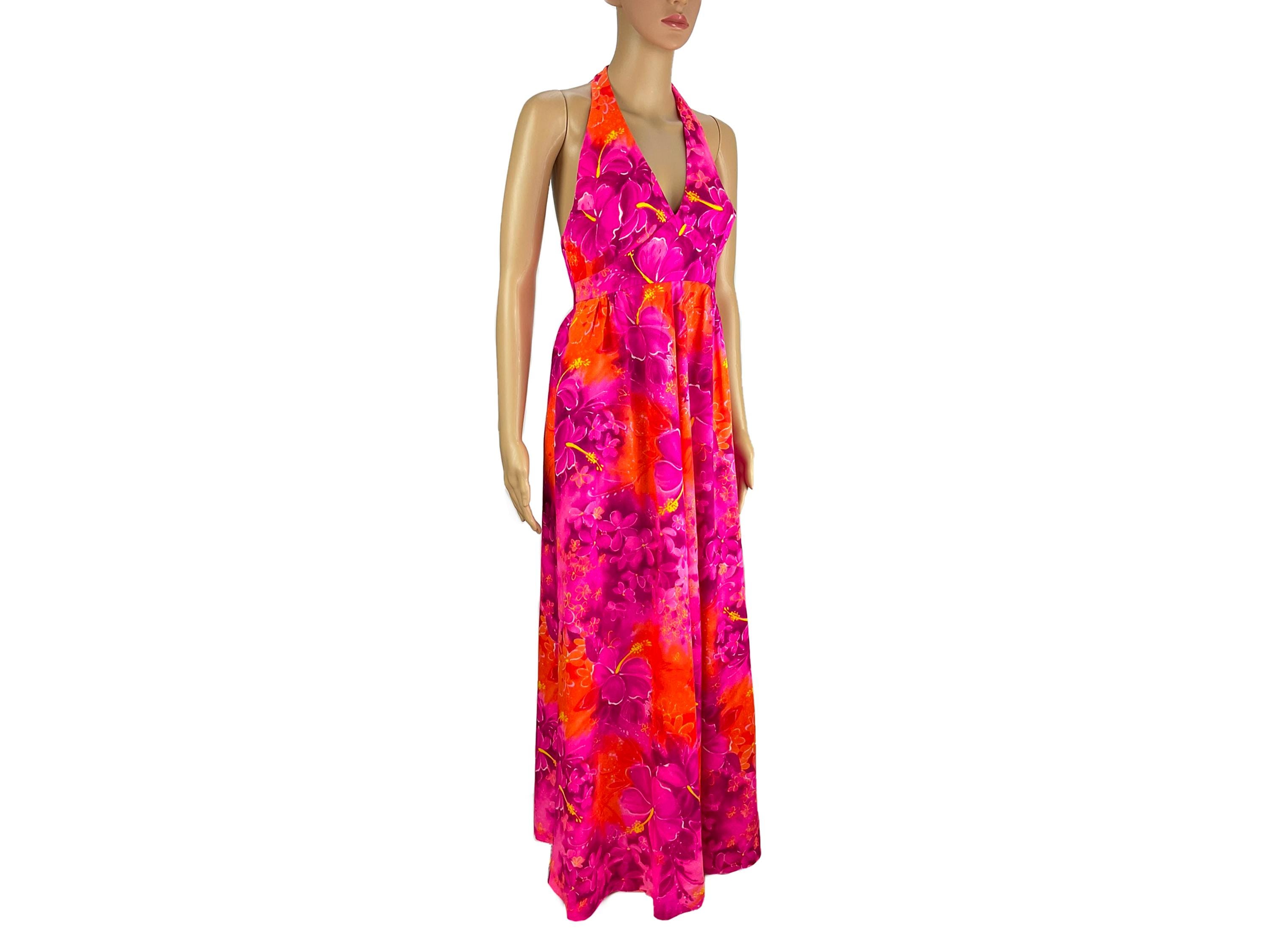 Maxi Halter Dress Hukilau Hawaii Vintage 1970s Pink Orange Floral Bark ...