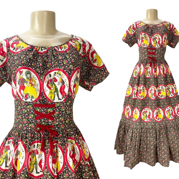 Vintage Dress 1940s 1950s Nelly Ann Timely Fashions Novelty Print Square Dance Bass Fiddler Swing Dress Cotton Tiered Ruffle Size S Floral