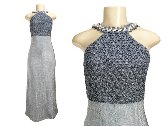 Vintage 1960s 1970s Maxi Dress | Size S | Silver L