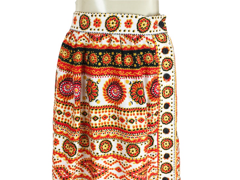Size M L Vintage 1970s Maxi Skirt Alex Colman Side Buttons Floral Acrylic Bark Cloth Red Black Cream Gold