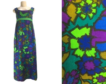 Maxi Dress Hostess Gown Elisabeth Stewart Mod Floral Print Empire Waist Bow Vintage 1960s 1970s Sleeveless Blue Green Cotton Scoop Neck