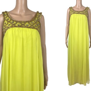 Maxi Dress Evening Gown Mike Benet Formals Vintage 1960s Lime Chiffon Metallic Rhinestone Baby Doll Sleeveless Tent Cocktail Party Size S M