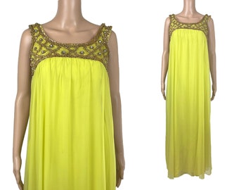 Maxi Dress Evening Gown Mike Benet Formals Vintage 1960s Lime Chiffon Metallic Rhinestone Baby Doll Sleeveless Tent Cocktail Party Size S M