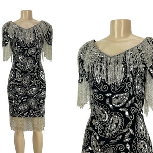 Vintage Dress Tan Chho 1980s Paisley Sequins Beaded Long Bead Fringe Black Silver Cocktail Party V Neck Silk India Size S