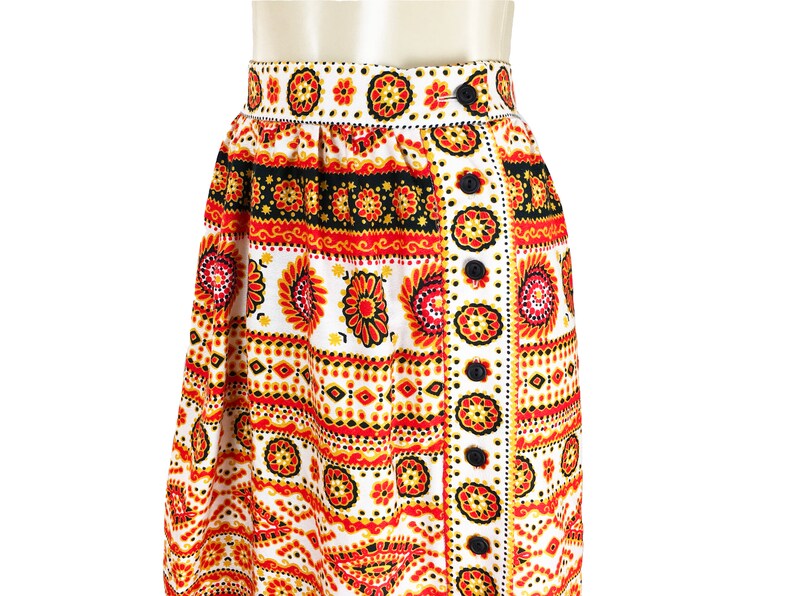 Size M L Vintage 1970s Maxi Skirt Alex Colman Side Buttons Floral Acrylic Bark Cloth Red Black Cream Gold