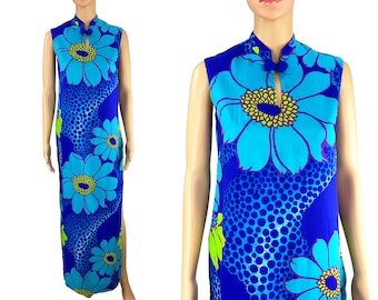 Hawaiian Maxi Dress Hostess Gown Vintage 1950s 1960s Paradise  McInerny's Floral Frog Buttons Side Deep Splits Blue Size S Aloha Tiki Luau