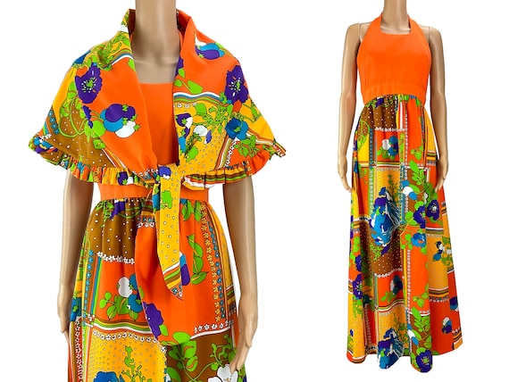 Maxi Halter Dress Tori Richard Honolulu Shawl Two Piece Set Liberty House Hawaii Hostess Gown Orange Floral Patchwork Size S M Aloha Tiki