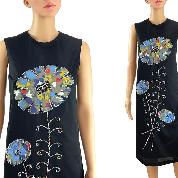 Etuikleid Charlotta von Glazier California NOS Vintage 1960er 1970er Jahre Schwarz Grosse Applikation Blumen Perlendetail Size S XS Flower Power Mod LBD