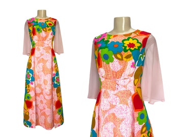 Vintage Maxi Dress Ja-Na Hawaii Hostess Gown Size S M Cotton Bark Cloth Chiffon Half Sleeves Belt Screen Print Bold Floral Flower Power