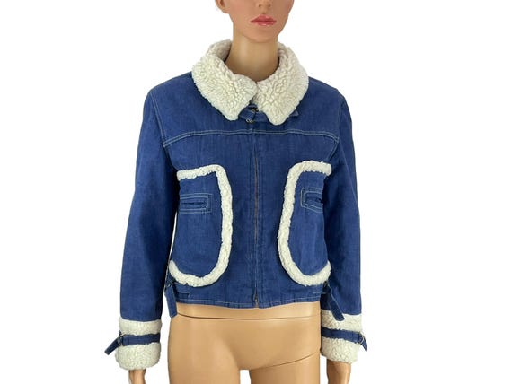 Denim Jacket Mackintosh New York Sherpa Fleece Collar Cuffs Trim Quilted Lining Pockets Cropped Bomber Length Size S M