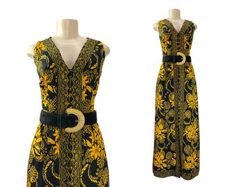 Vintage Maxi Dress Prima Bangkok Thailand 1960s 1970s Block Screen Print Cotton Sleeveless Black Gold Frog Buttons Graphic Floral Size M