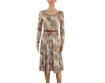 Dress DVF Diane Von Furstenberg Vintage 1970s Italy Jersey Knit Pull On Wide A-Line Brown Cream Geometric Pixel Print Long Sleeve Size S M