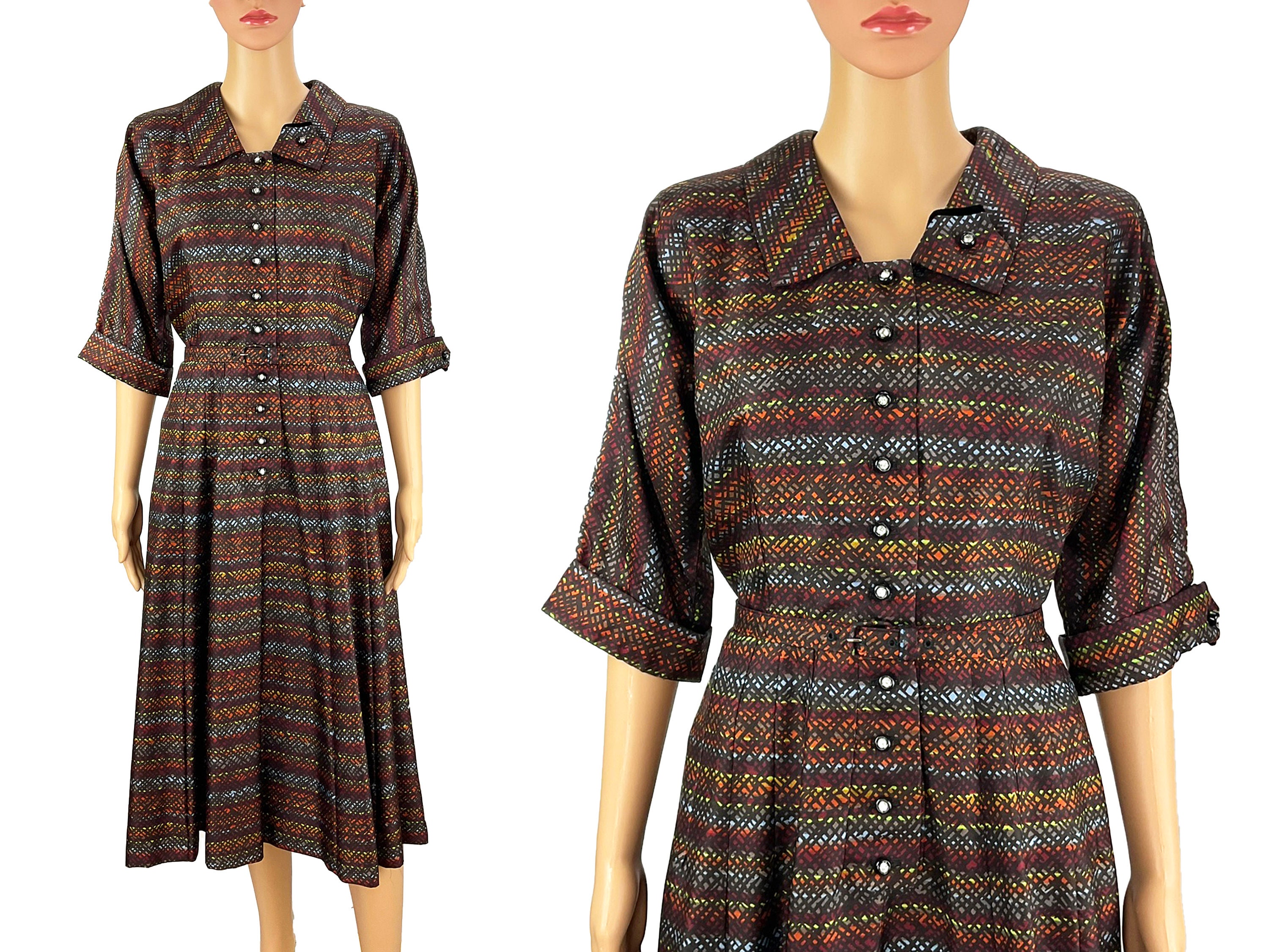 Day Dress Vintage 1940s Form Fit Belted Shirtwaist Rhinestone Buttons Dolman Half Sleeves Velvet Accents Multicolor Rainbow Brown Size L