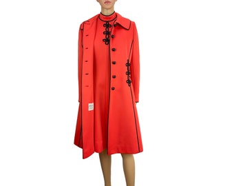 Dress Coat Lilli Ann Knit Two Piece Set Mod Vintage 1970s Orange Red Frog Braid Trim Princess Seams Pockets Full Lining Knee Length  Size S