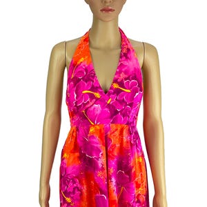 Maxi Halter Dress Hukilau Hawaii Vintage 1970s Pink Orange Floral Bark Cloth Hawaiian Aloha Tiki Luau Day Glo Size XS S Beach Pool Summer