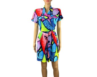Romper Playsuit Vintage 1980s Cimmaron Shorts Hot Pants Abstract Print Rayon Short Sleeves Pockets Rainbow Miami Beach Tropical Size S