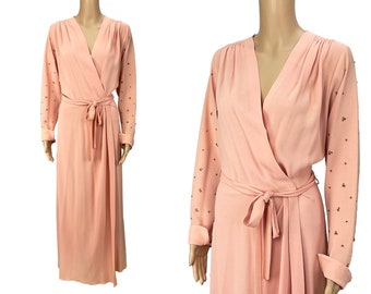 Wrap Maxi Dress Vintage 1930s 1940s Dressing Gown Robe Peach Long Sequin Sleeves Rayon Crepe Size XS S M Smocked Shoulder Belt Old Hollywood