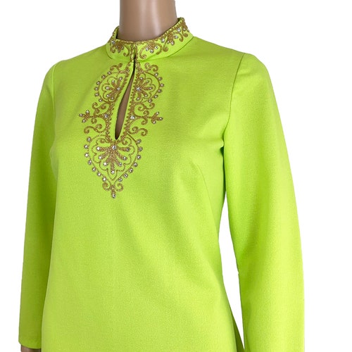Vintage Dress 1970s A-line Day Glo Lime Green Crepe Double Knit Metallic Gold Soutache Embroidery Rhinestone shops Split Neck Knee Length Size S