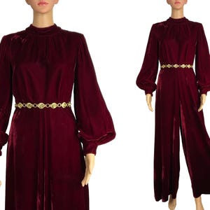 Palazzo Jumpsuit Vintage 1960s Does 1930s Burgundy Velvet Wide Leg Pant Suit Mock Neck Hostess Party Size S Metal Zip Puffed Bishop Sleeves