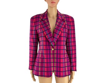 Jacke Blazer Anne Klein II Vintage 1980er 1990er Jahre 100% Wolle Pink Karo Karomuster Knopfleiste Taschen