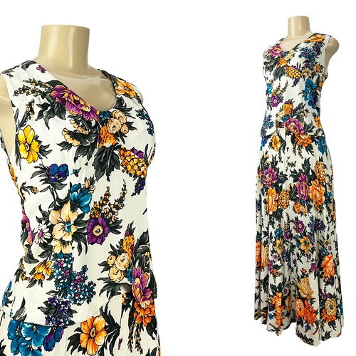 Two Piece Maxi Dress Set Blouse Skirt Autumn Floral Vintage 1970s ILGWU Tank Top Back Zip Accordion shops Pleat Long Skirt Size M