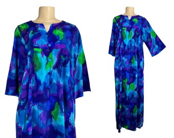 Vintage Caftan Maxi Dress Hostess Gown Fashions by Myra Hawaii Split Button Neck Wide Sleeves Muu Muu Watercolor Blue Purple Green Size L