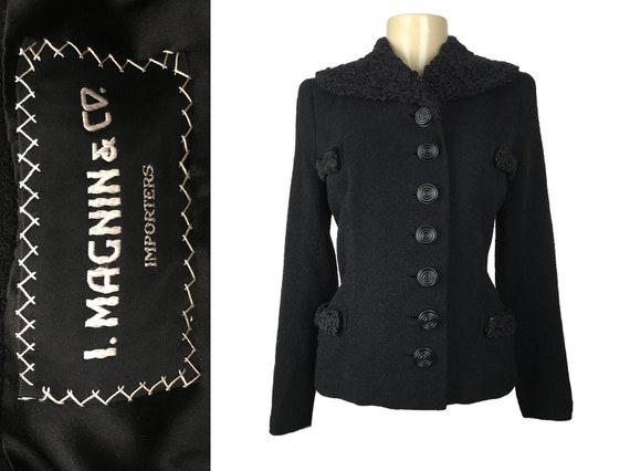 Vintage 1940s Jacket I. Magnin Black Knit Wool Cu… - image 1