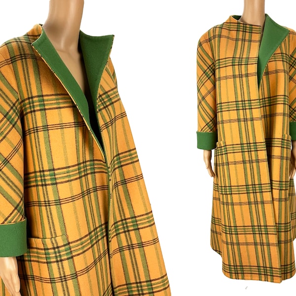 Vintage Coat Pauline Trigère Swing Tent Silhouette 1980s Checked Reversible Boiled Wool Green Gold Plaid Pockets Size M L