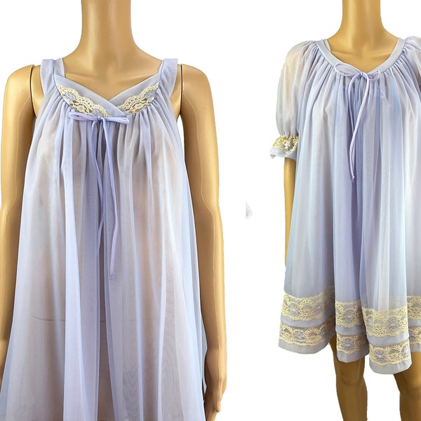 Peignoir Jenelle California 2 Piece Set Nightgown Robe Vintage 50s 60s Trapeze Chiffon Lace Baby Doll Lingerie Lavender Pink Size S M Bridal