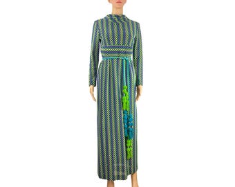 Vintage Maxi Dress Krist San Francisco 1970s Textured Knit Geometric Stripes Cowl Neck Bracelet Sleeves Pom Pom Belt Size S ILGWU Gudnason