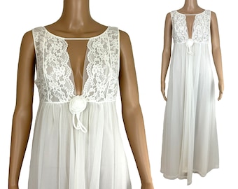 Vintage Peignoir Set 1950er 1960er Henson Kickernick Zweiteiler Nachthemd Robe Tief V Ausschnitt Rosette cremeweiß Nylon Spitze Chiffon Gr. S M