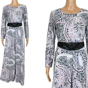 Vintage Palazzo Pant Suit Koret California 1970s Hostess Pajamas Lounge Wear Two Piece Set Paisley Lavender Knit Wide Leg Trousers Size S M