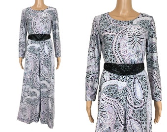 Vintage Palazzo Pant Suit Koret California 1970s Hostess Pajamas Lounge Wear Two Piece Set Paisley Lavender Knit Wide Leg Trousers Size S M
