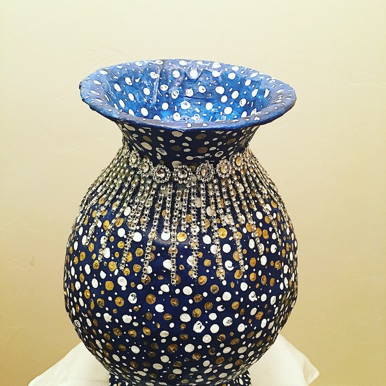 Beautiful Hand Painted Paper Mache Vase With Silver Gems Etsy