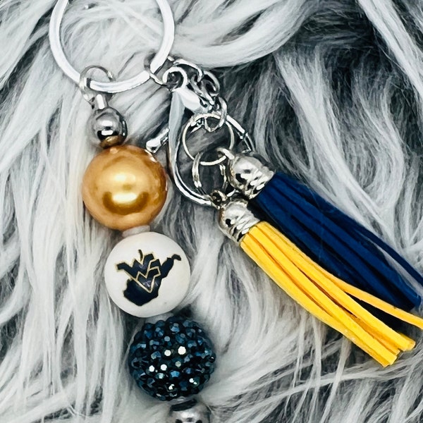 West Virginia blue and gold WVU barbell keychain