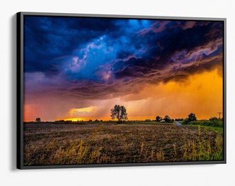 28x42 Large framed canvas landscape photography wall art, colorful storm clouds at sunset wall hanging for home or office