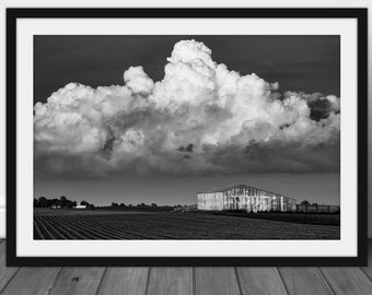Black and white barn photography print, fine art Iowa landscape wall art photo
