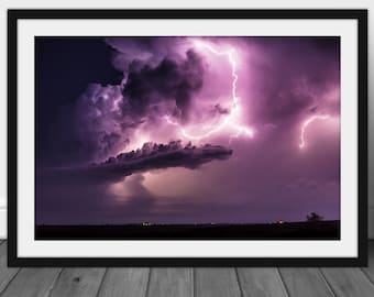 Thunderstorm cloud photography print, purple lightning wall art picture hanging