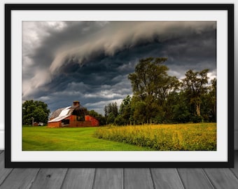Red barn wall art photo, stormy Iowa farmland photography print